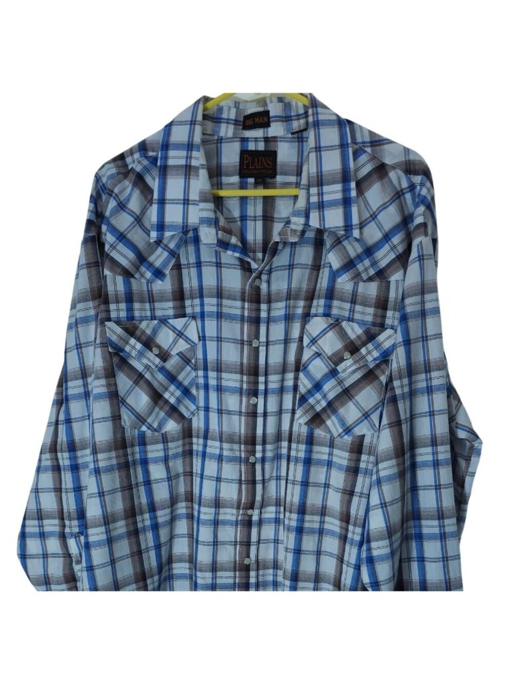 Men's 3X Plaid Western Snap Shirt Plains Big Man Cotton Blue/Brown